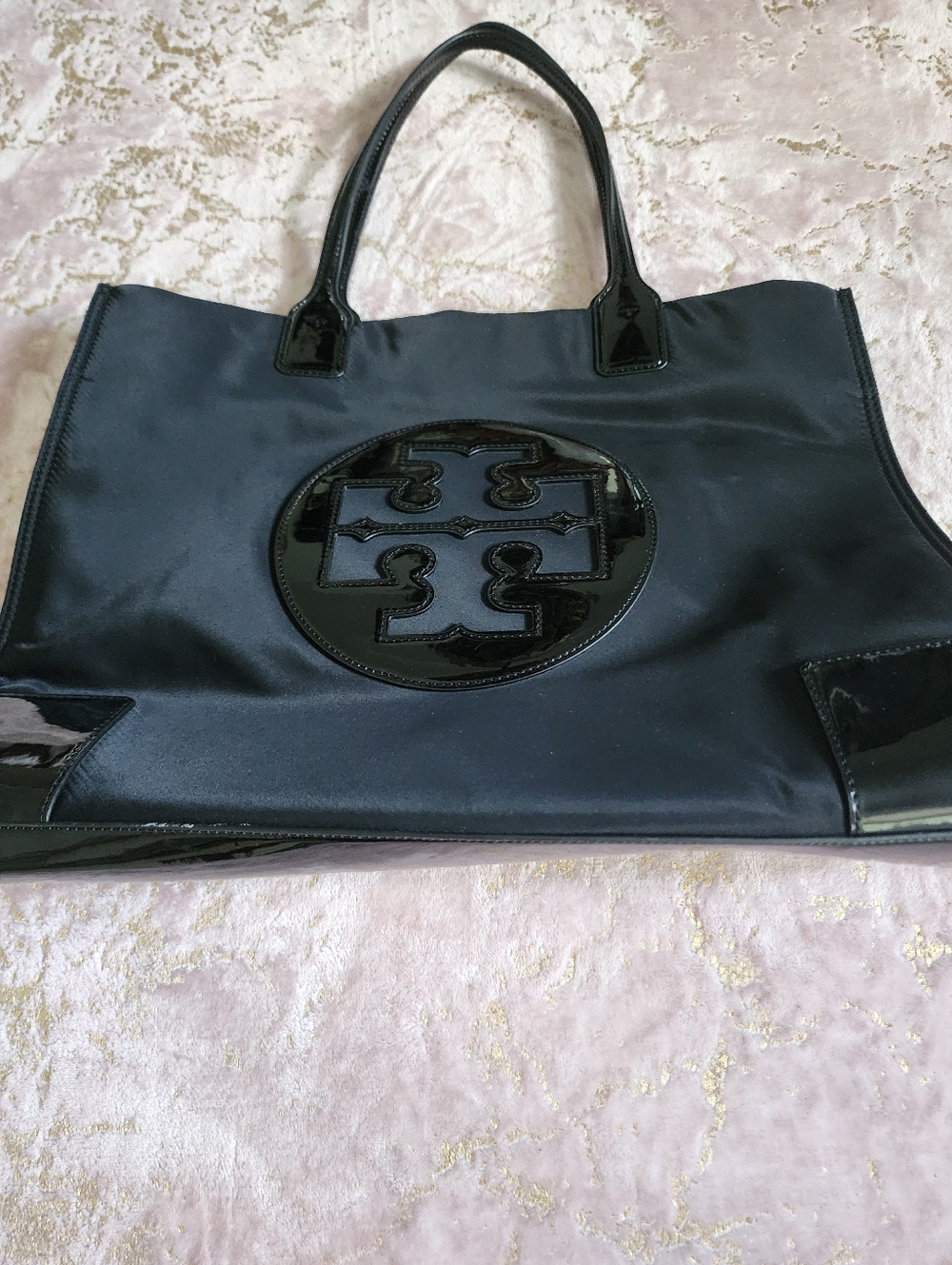 TORY BURCH | Black Nylon Tote with Patent Trim and Logo